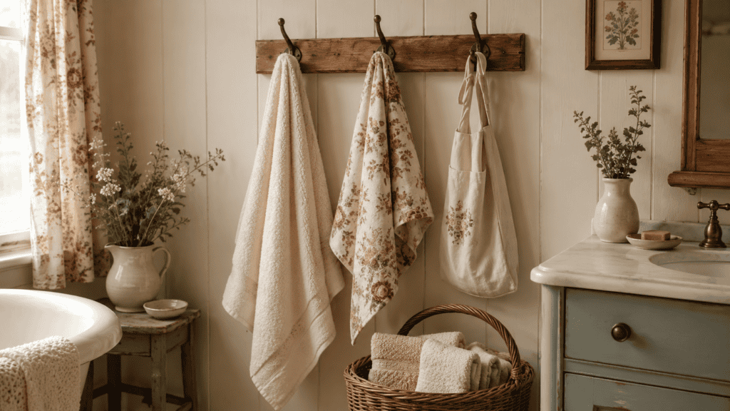 wooden peg rail, hanging towels, a fabric bag, and a basket of washcloths.