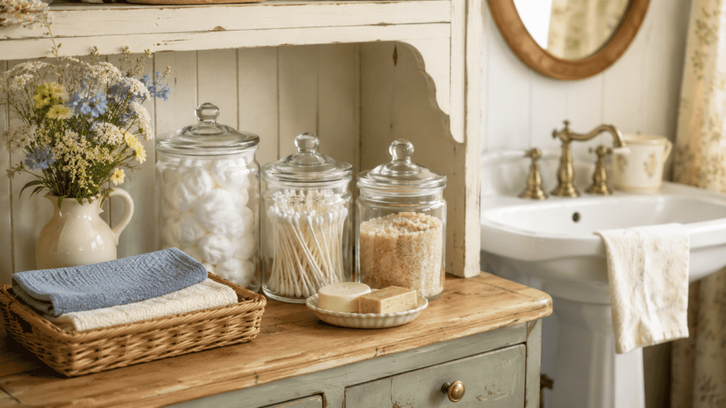 glass jars for cotton balls, cotton swabs, bath salts, soaps, and folded washcloths.