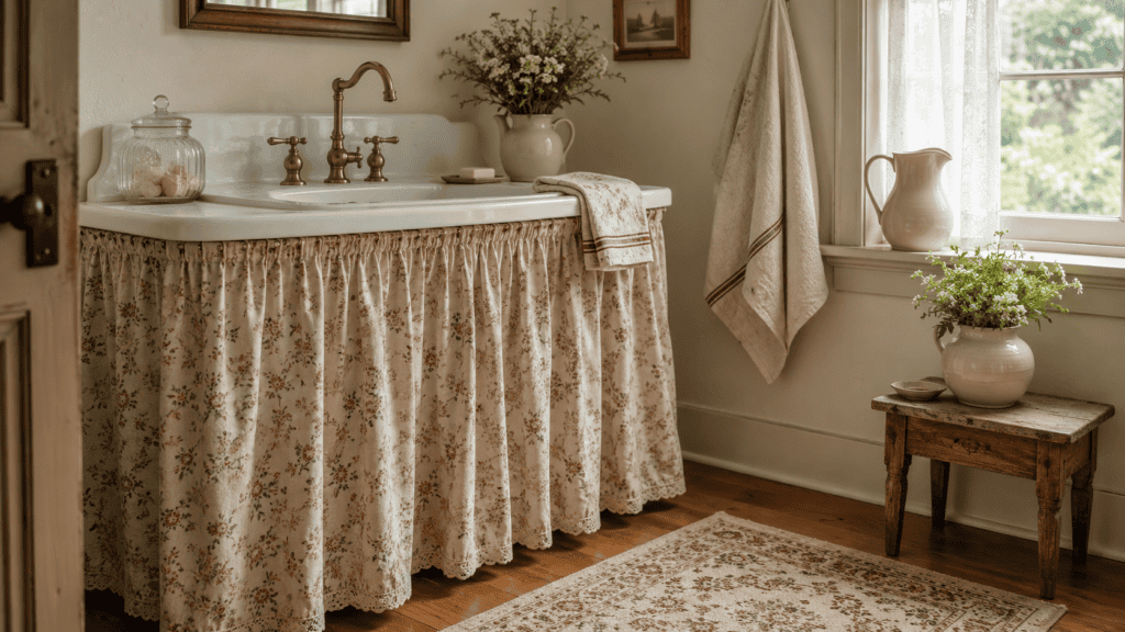a floral skirted sink, brass faucet, glass jar, folded towel, and vintage details.