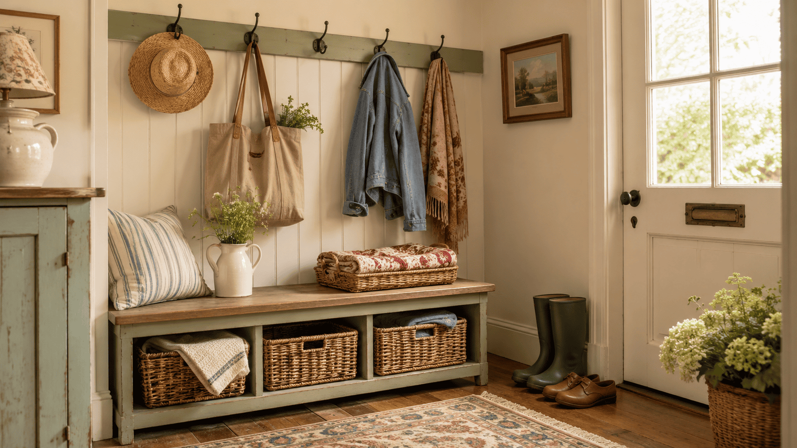 Cozy cottage mudroom ideas with a vintage bench, hooks, baskets, boots, and warm entryway storage.