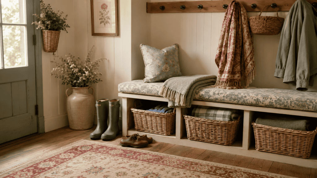 bench with soft pillows, folded blanket, scarf, baskets, boots, and vintage rug.