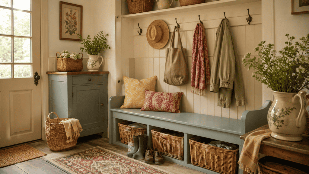 muted sage bench, cream walls, yellow pillows, baskets, hooks, and vintage accents.