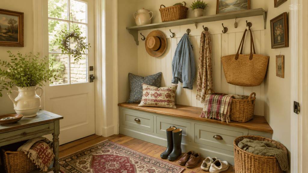 bench, hooks, baskets, boots, shoes, vintage rug, and greenery.