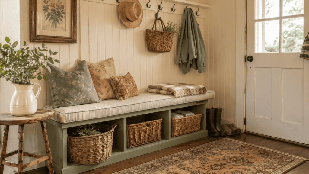 Cozy cottage mudroom bench with baskets, boots, pillows, and soft vintage entryway storage.