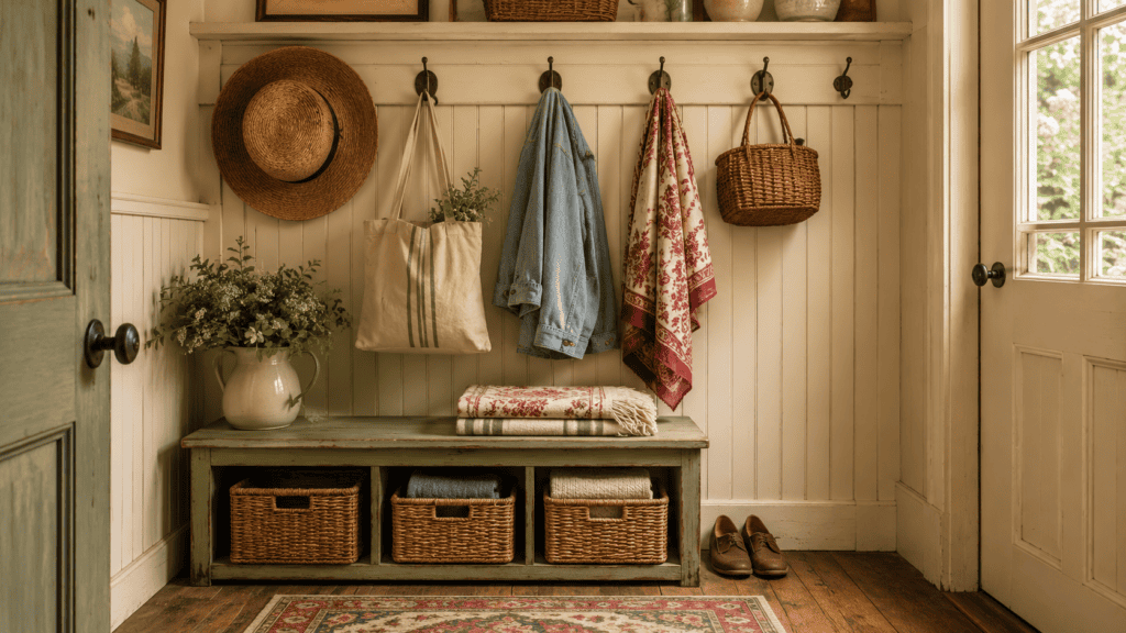 Cozy cottage mudroom hooks with a straw hat, tote bag, scarf, jacket, bench, and storage baskets.
