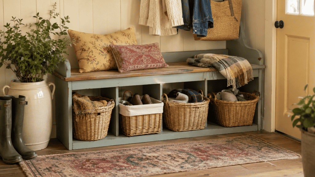 Cozy cottage mudroom bench with woven baskets for shoes, scarves, blankets, and entryway storage.