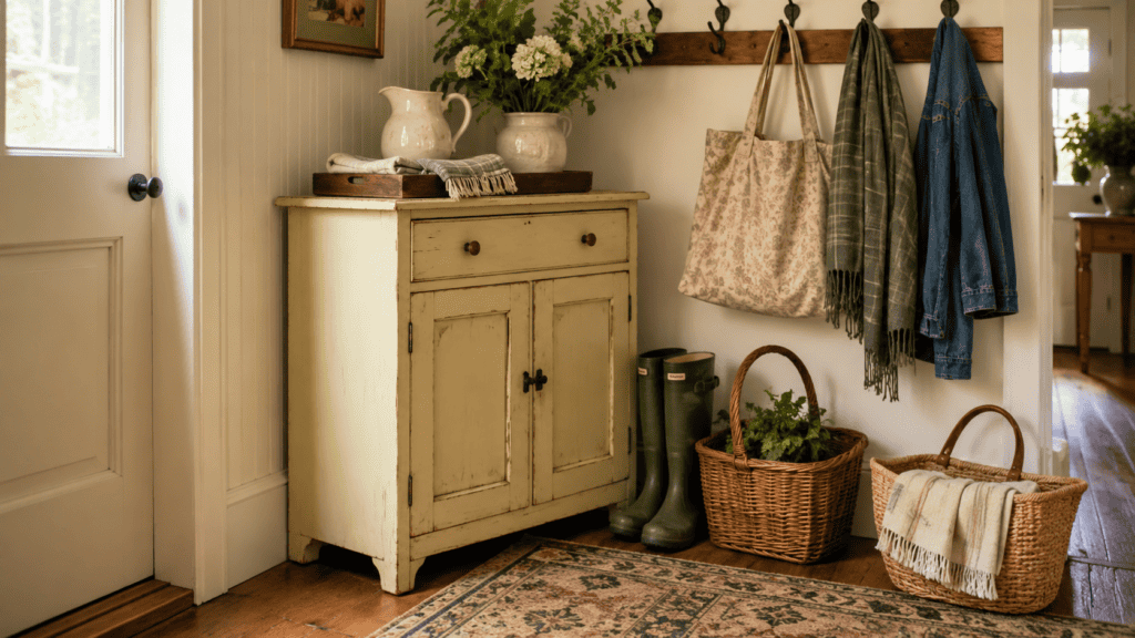 Cozy cottage mudroom with a vintage cabinet, hooks, baskets, boots, and cream ceramic pitcher.