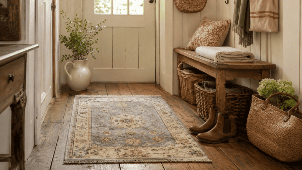 Cozy cottage mudroom with a vintage-style runner rug, wood bench, baskets, boots, and cream walls.