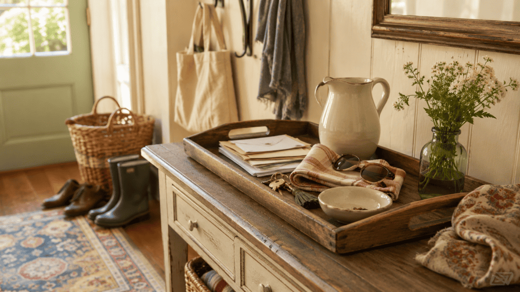 Cozy cottage mudroom with a vintage-style runner rug, wood bench, baskets, boots, and cream walls.