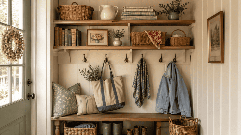 open shelves with baskets, folded linens, books, hooks, tote bag, and bench.