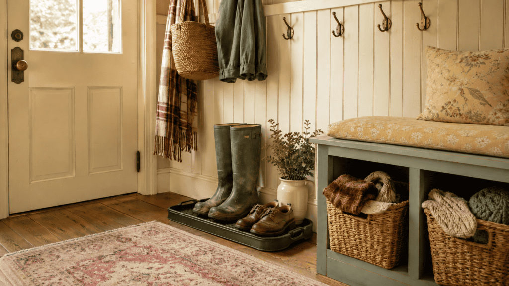 boot tray with tall boots, everyday shoes, baskets, hooks, and patterned rug.