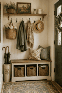 Cozy cottage entryway storage ideas with a bench, baskets, hooks, shelf, hat, jacket, umbrella crock, and vintage-style decor.