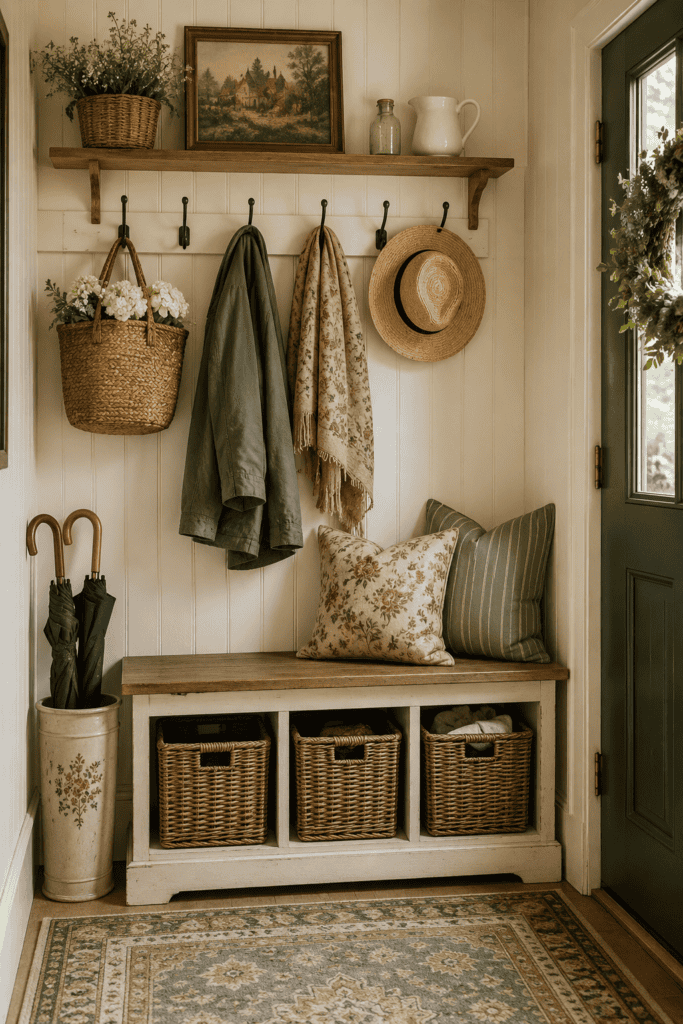 Cozy cottage entryway storage ideas with a bench, baskets, hooks, shelf, hat, jacket, umbrella crock, and vintage-style decor.