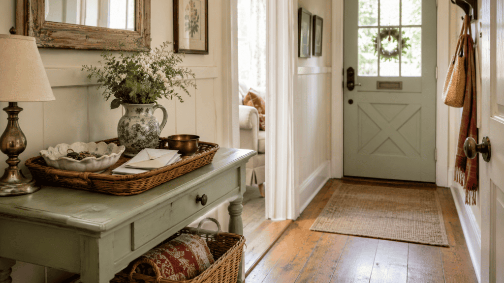 key tray with mail, ceramic dish, small vase, vintage bowl, basket storage, and clear hallway.