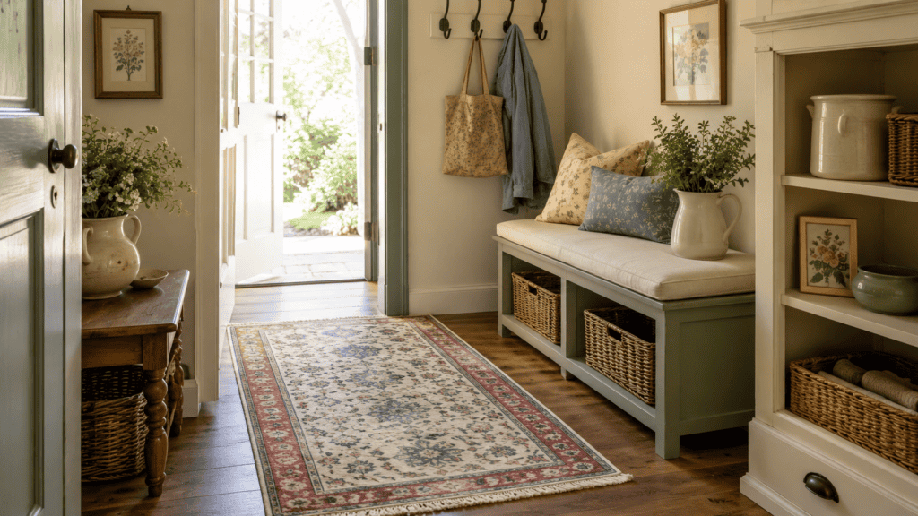 patterned runner, storage bench, baskets, hooks, tote bag, light jacket, and warm wood floors.