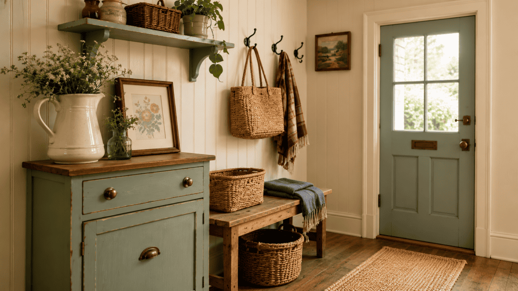 vintage cabinet, shelf, baskets, ceramic pitcher, floral print, woven tote, folded scarf, and clear doorway.