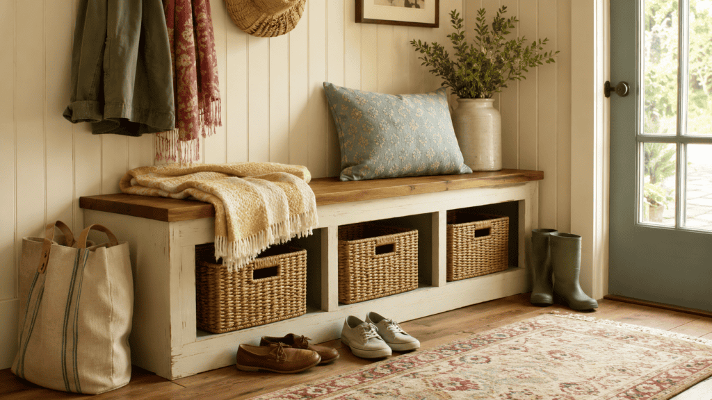 Cozy cottage entryway storage bench with baskets, shoes, folded throw, pillow, tote bag, and warm vintage-style details.