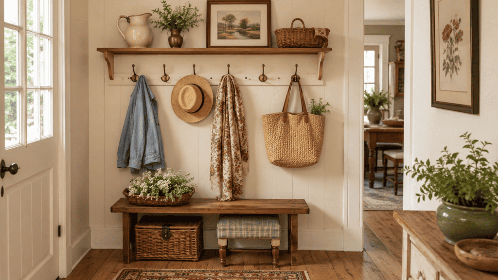 Cozy cottage entryway hooks with a light jacket, straw hat, floral scarf, woven tote bag, shelf, basket, and vintage decor.