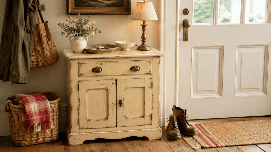 A peg rail or row of hooks keeps everyday layers easy to grab while adding charming cottage style to the entryway.