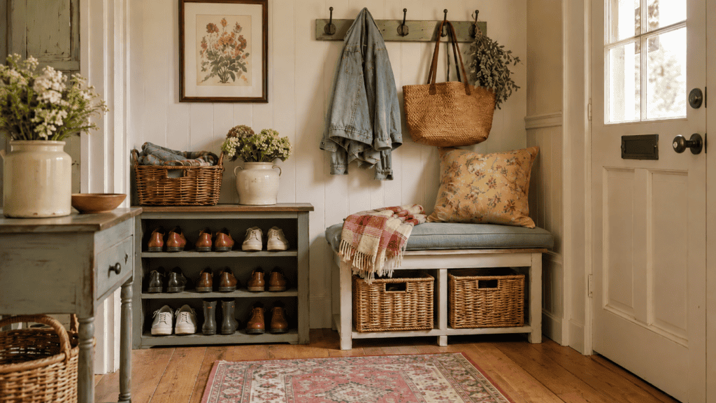 Cozy cottage entryway shoe storage with shoes tucked on shelves, baskets under a bench, hooks, rug, and vintage cottage decor.