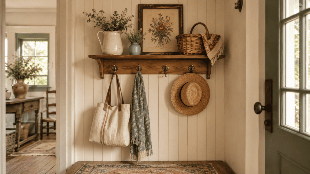 Small cozy cottage entryway shelf with hooks, basket, straw hat, tote bag, scarf, ceramic pitcher, greenery, and floral print.