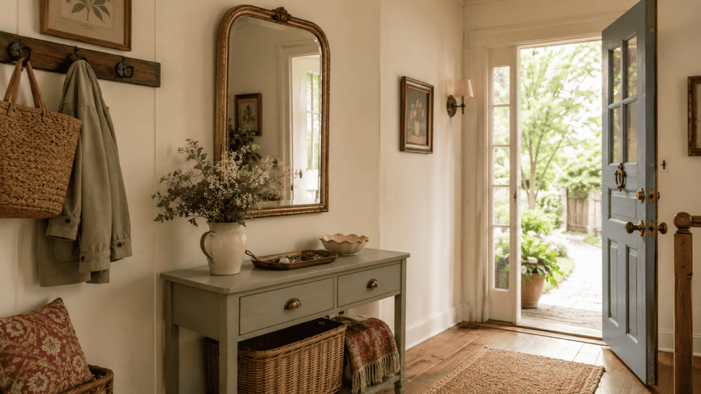 mirror, painted console table, key tray, ceramic dish, greenery, basket, hooks, and clear doorway.