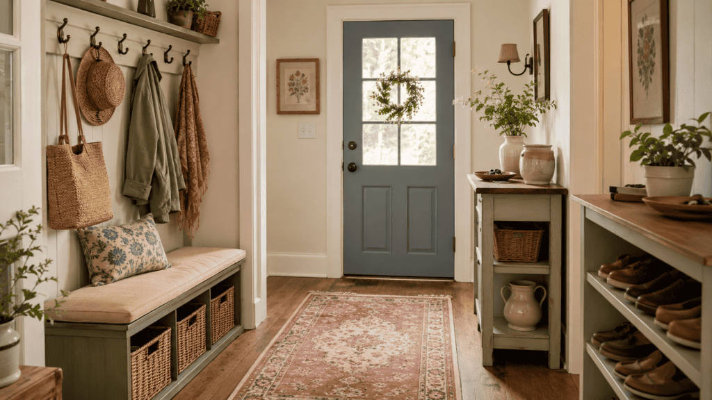 storage bench, baskets, hooks, key tray, shoe shelf, patterned rug, and clear walking path.