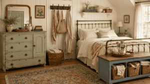 Cozy cottage bedroom storage ideas with a vintage dresser, storage bench, woven baskets, hooks, folded blankets, and warm cottage decor