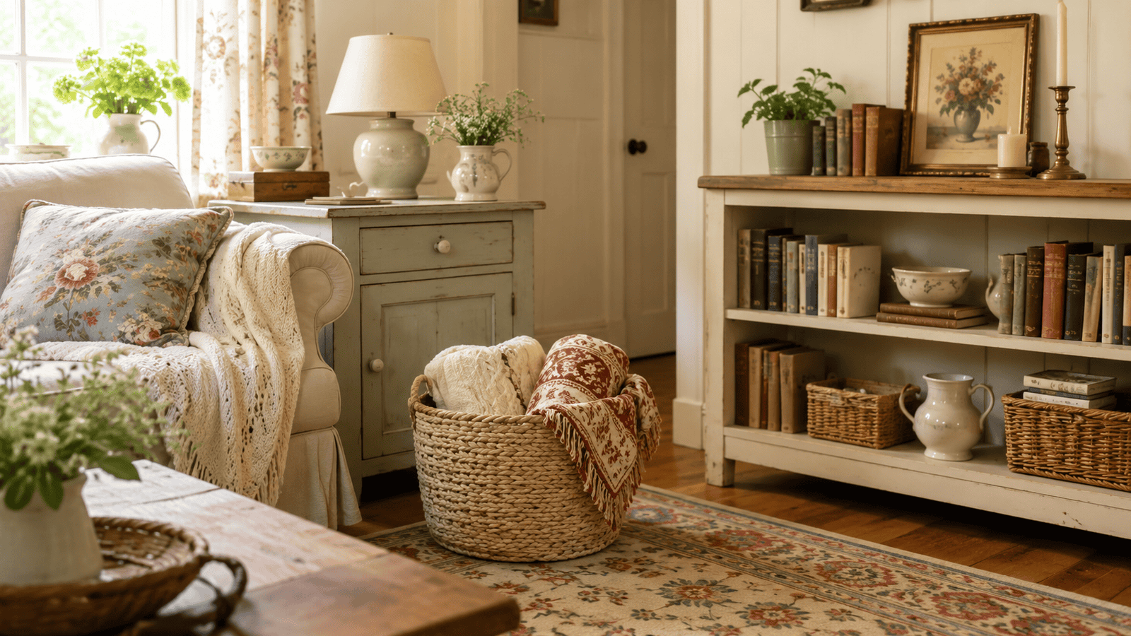 Cozy cottage living room storage ideas with a blanket basket, vintage cabinet, open shelves, books, baskets, and cream cottage decor