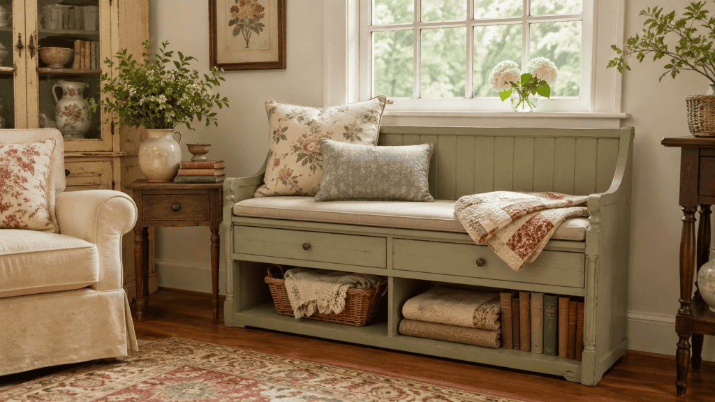 storage bench under a window with pillows, folded quilt, baskets, books, and warm vintage living room decor