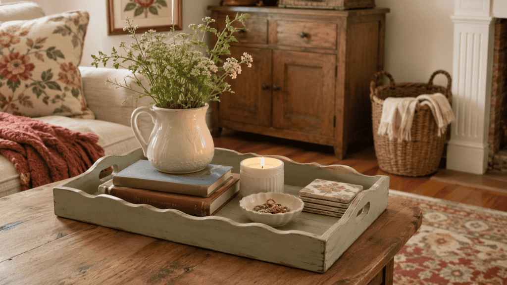 tray organizing books, candle, coasters, small dish, and cream ceramic pitcher on a coffee table