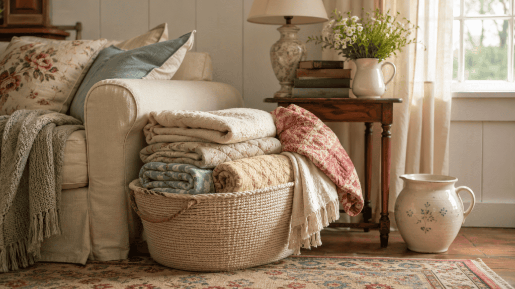 a soft woven blanket container beside a sofa filled with folded quilts and throws