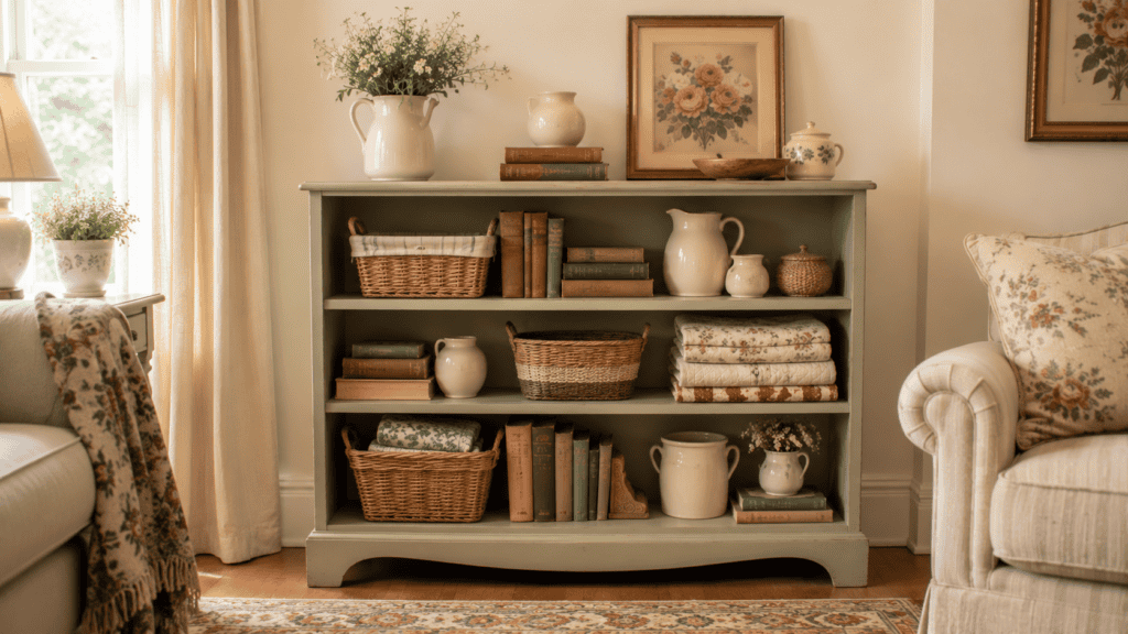 Cozy cottage living room shelves styled with books, baskets, folded linens, cream ceramics, and vintage floral decor