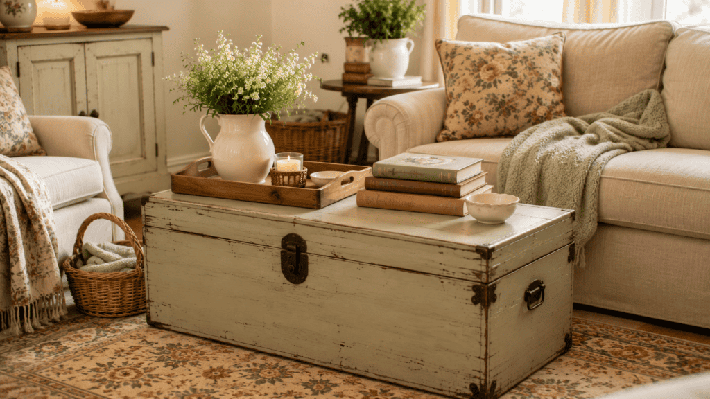 Vintage storage trunk coffee table in a cozy cottage living room with books, tray, candle, basket, and soft throws