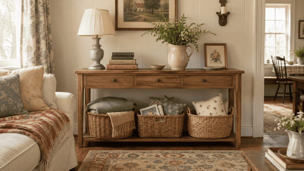 Cozy cottage living room console table with baskets underneath for blankets, pillows, books, and everyday storage