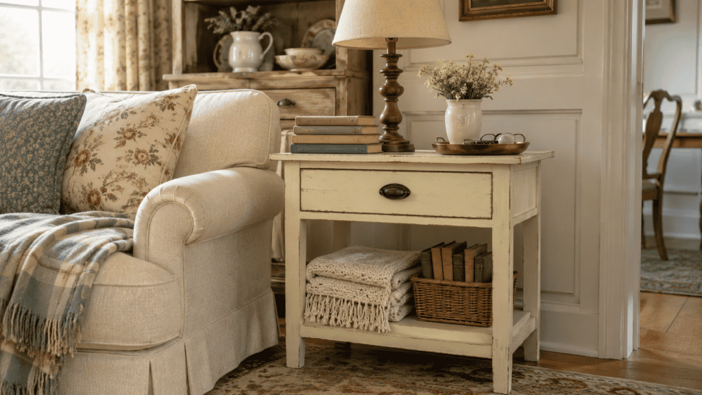 Cozy cottage side table with drawer and lower shelf used for living room storage beside a comfortable chair