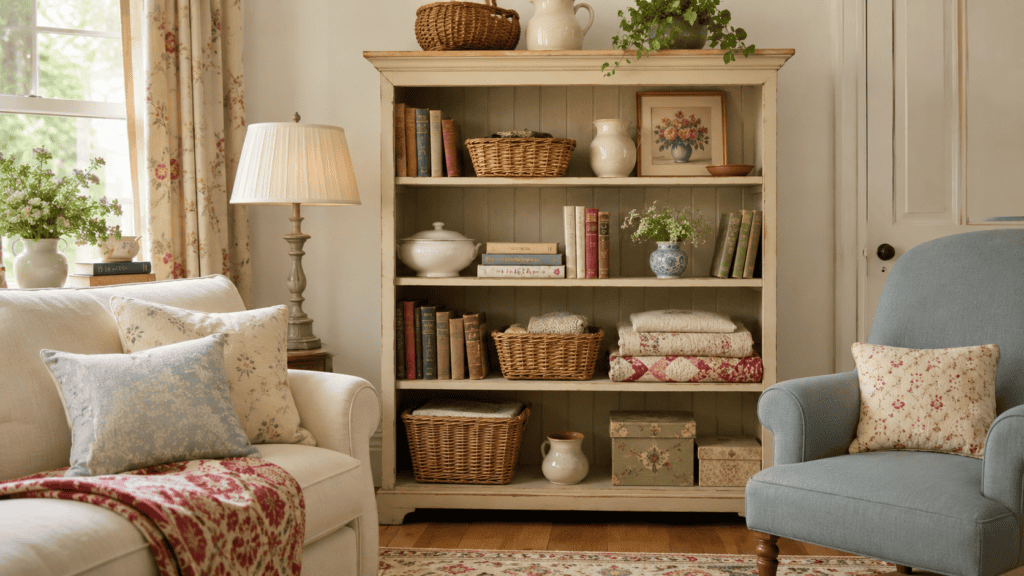 bookcase used for collected storage with books, baskets, folded quilts, ceramics, and floral decor