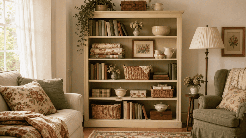decorative storage boxes with books, baskets, ceramics, and vintage-inspired details