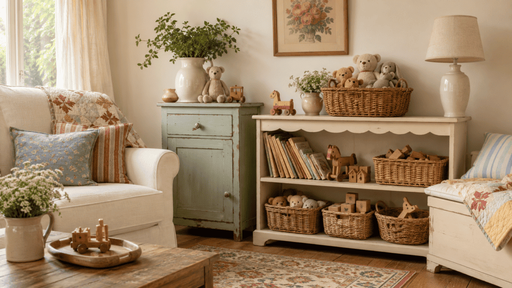 Cozy cottage toy storage ideas with baskets, stuffed animals, wooden toys, books, and a vintage cabinet in a warm living room.