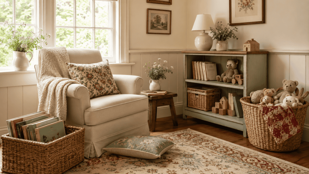corner with a cream chair, baskets of books and stuffed animals, toy shelf, quilt, and soft natural light.