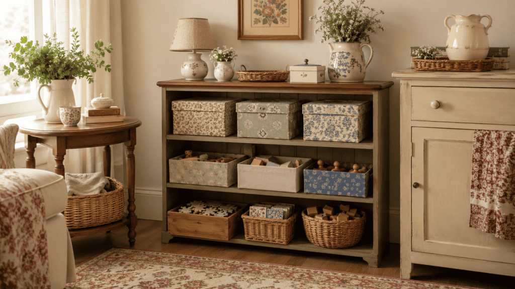 pieces on a vintage shelf with baskets, wooden toys, puzzles, cream ceramics, and flowers.