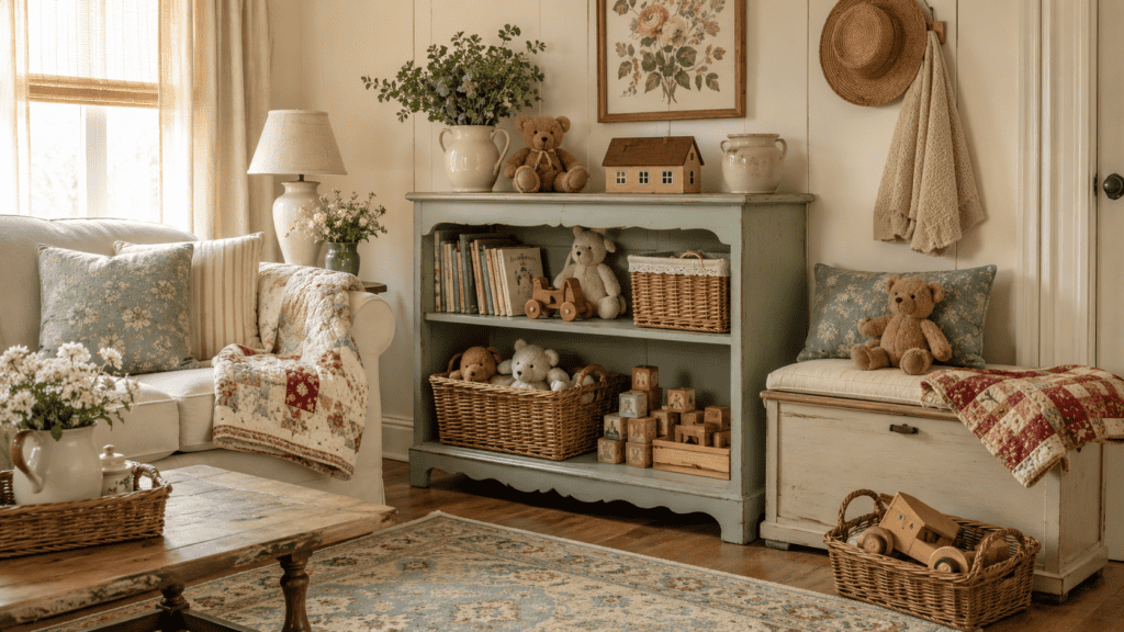 painted bookcase, storage bench, children’s books, stuffed animals, and wooden items.