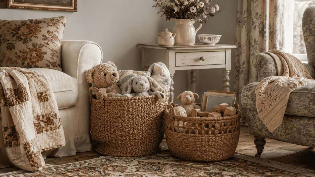 holding stuffed animals, books, blocks, and blankets beside a cream sofa.