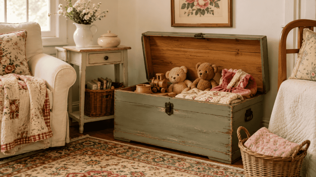 Vintage trunk used for toy storage in a cozy cottage room with stuffed animals, wooden toys, folded quilts, and warm natural light.