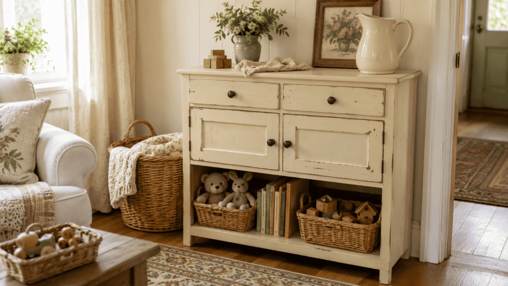 Painted vintage cabinet used for cozy cottage toy storage with baskets, books, stuffed animals, wooden toys, and cream cottage decor.