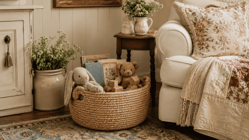 Cozy cottage toy basket beside a cream chair with children’s books, stuffed animals, wooden blocks, flowers, and a patterned quilt.