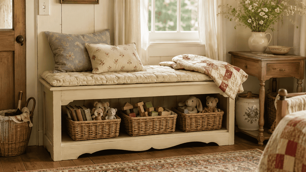 Cozy cottage toy basket beside a cream chair with children’s books, stuffed animals, wooden blocks, flowers, and a patterned quilt.