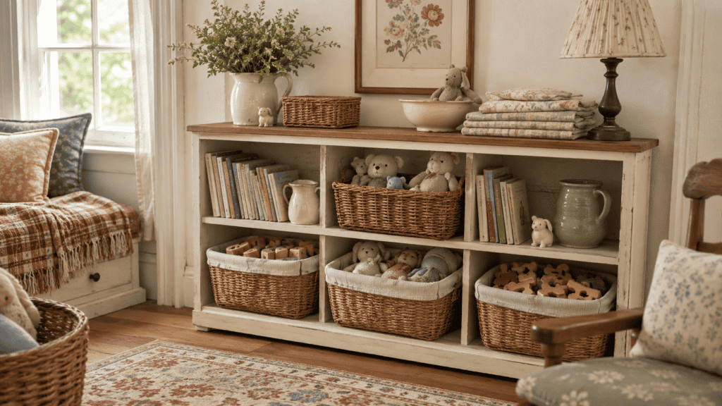 Low cottage shelf with small baskets sorted for toys, books, stuffed animals, blocks, and puzzles in a cozy family room.