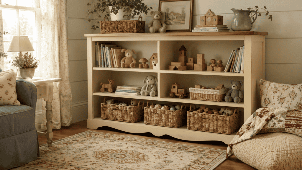 children’s books, stuffed animals, wooden blocks, and a patterned rug.
