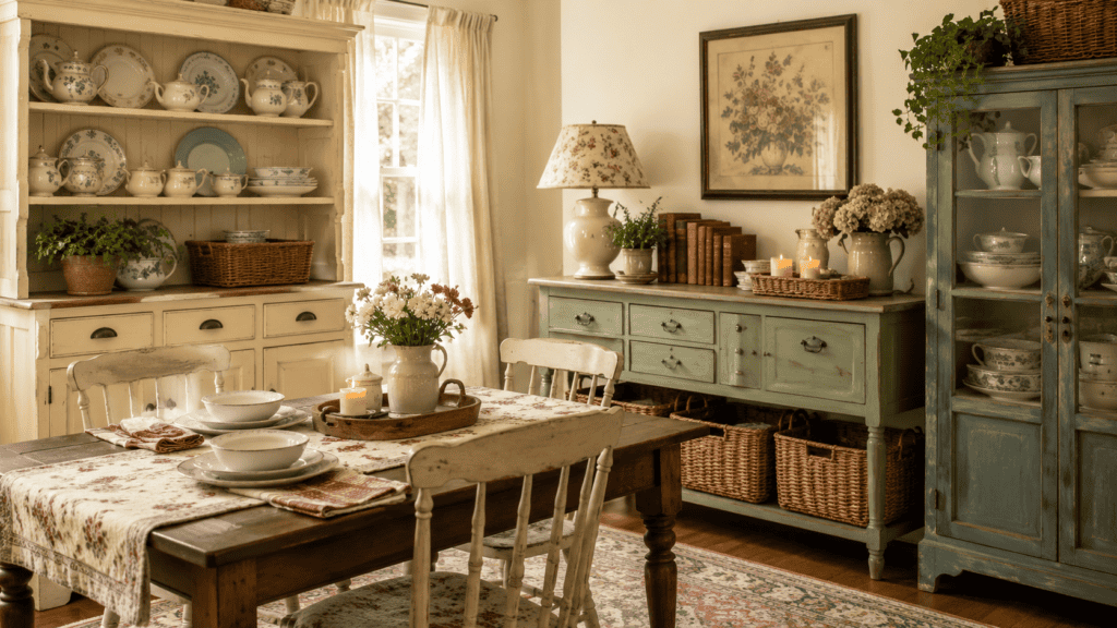 Cozy cottage dining room storage ideas with a vintage hutch, painted sideboard, woven baskets, and neatly arranged tableware.